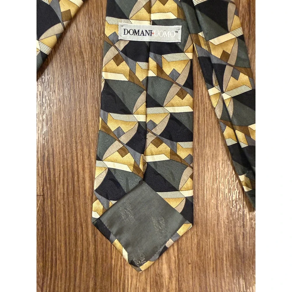 Domani Uomo Silk Tie Grey Gold Black Geometric Abstract Mens Necktie Business
